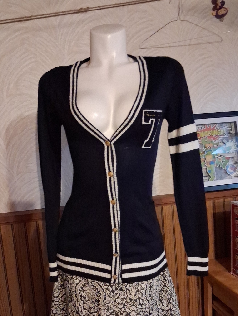 Tommy Hilfiger Navy and White Letterman Patch Knit Top
